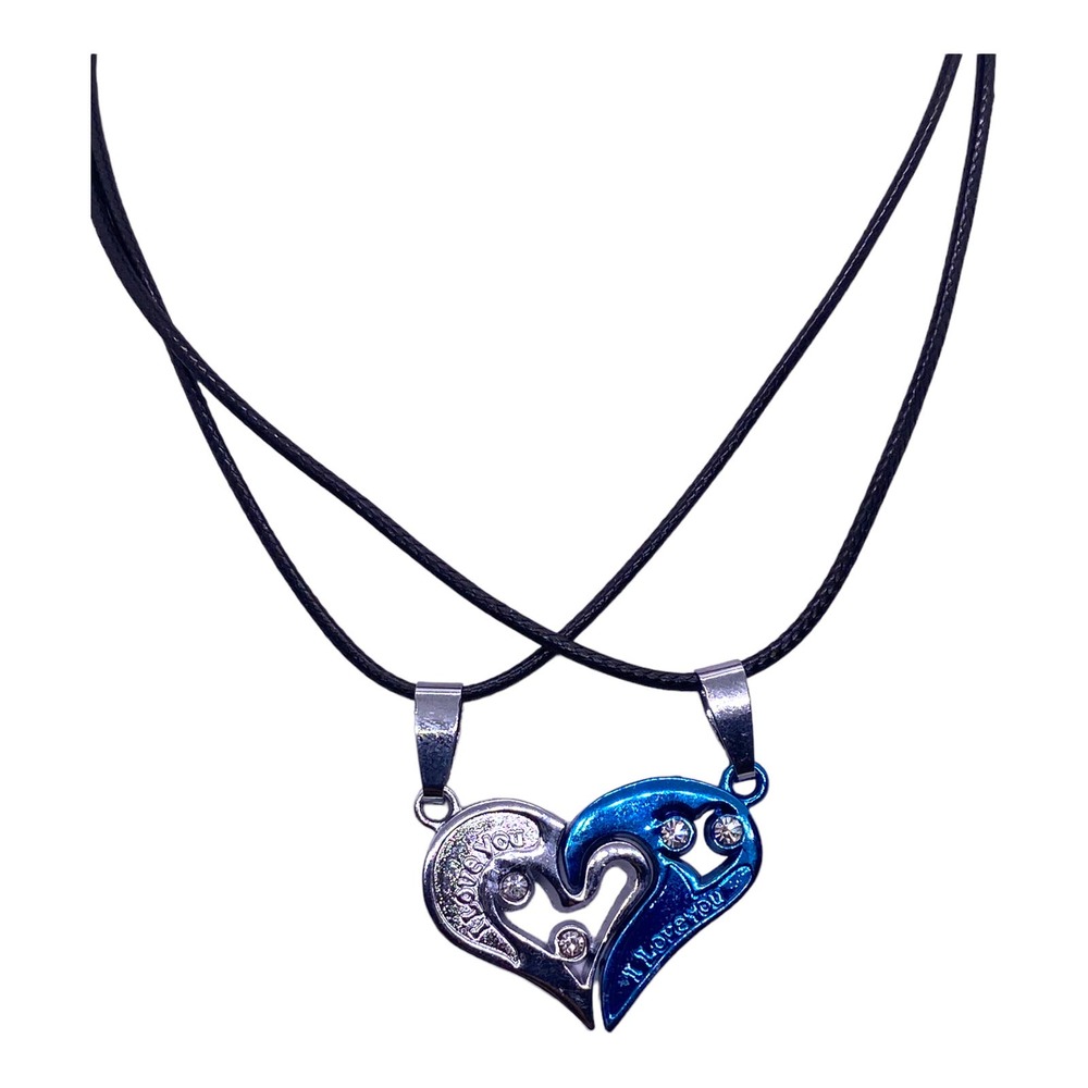 His Her Husband Wife Couples BLUE & SILVER Heart Black Rope Necklaces Set